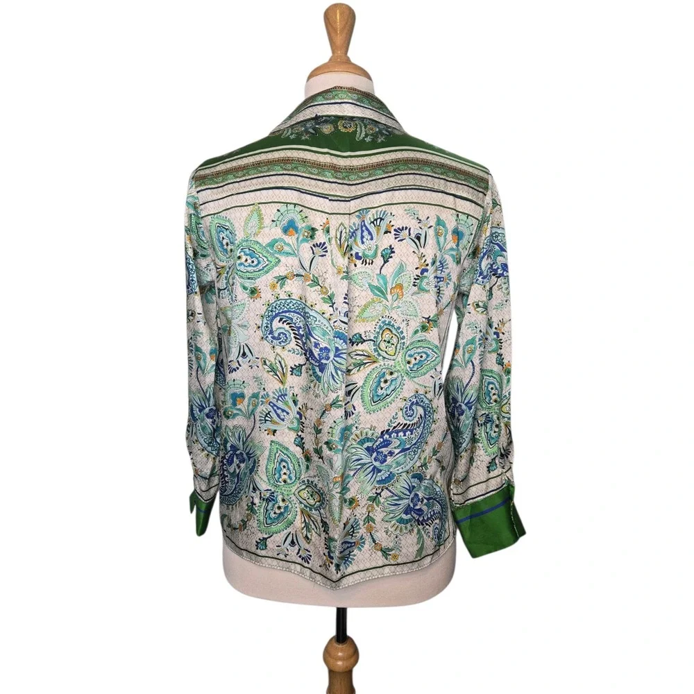 Zara Italian Coastal Scarf Print Satin Blouse Made in Spain Green Paisley Size L - Picture 3 of 7